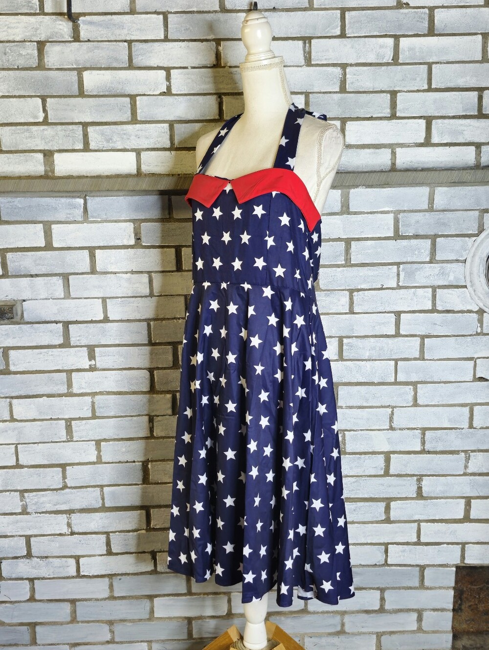 Odoldi NWT 4th of July Halter Dress XL Blue White Star Red Trim Retro Swing Rock